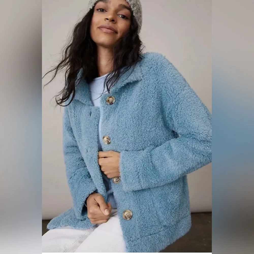 AMADI x Anthropologie Danika Fuzzy Teddy Sky Jacket Coat - Picture 3 of 11
